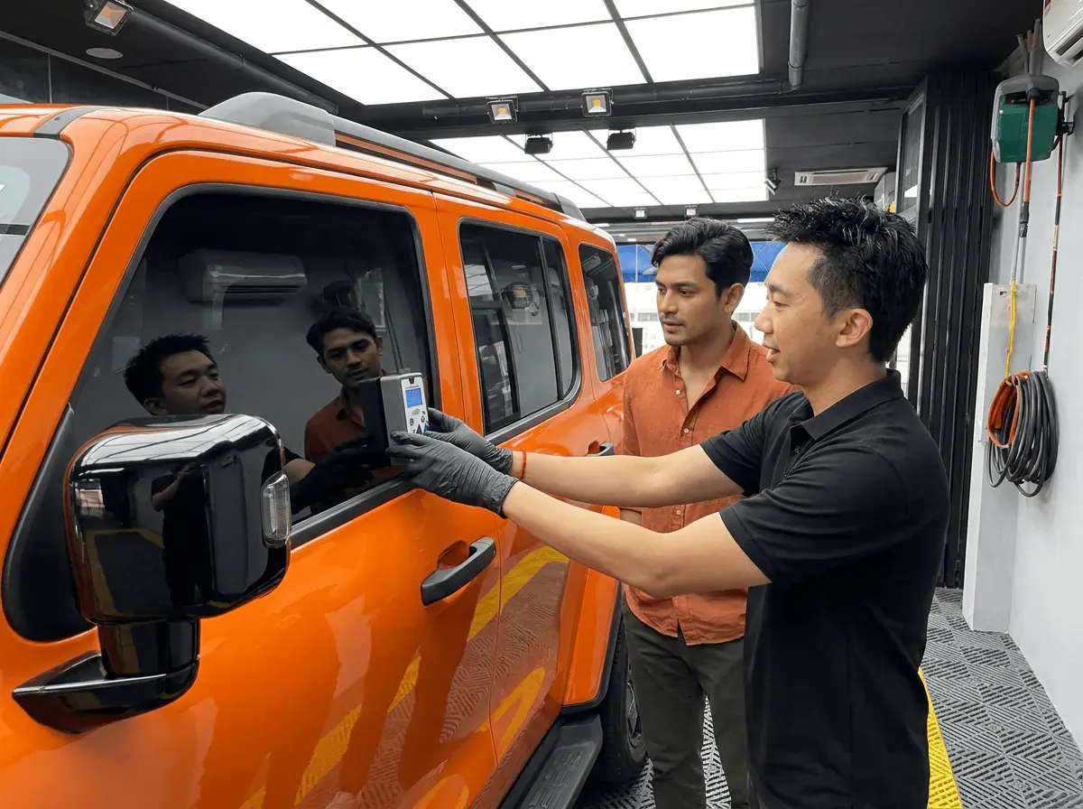 Pemeriksaan cermin dan semakan VLT semasa pemasangan tinted pada iCAUR V23