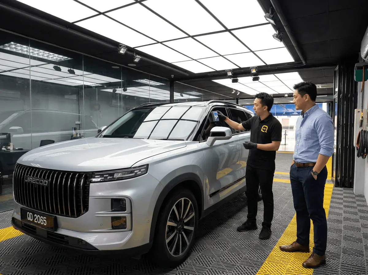 Pemeriksaan cermin dan semakan VLT semasa pemasangan tinted pada Jaecoo J7