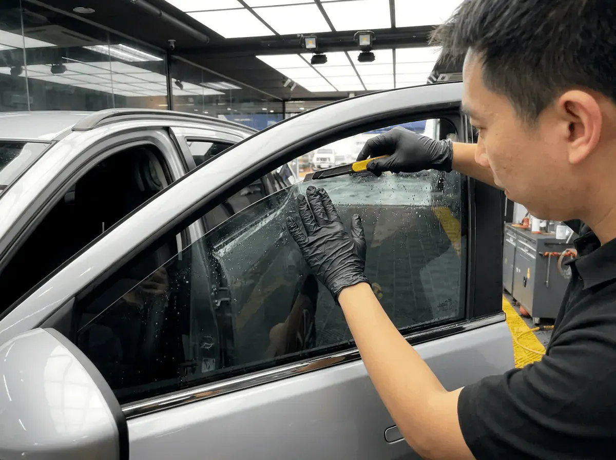 Pemotongan filem tepat semasa pemasangan tinted pada Jaecoo J7