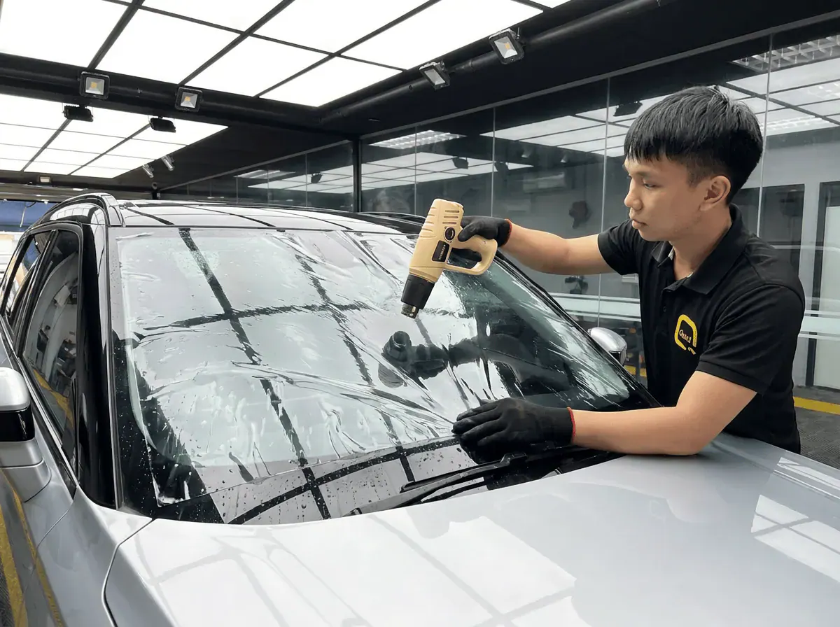 Pengecutan haba terkawal semasa pemasangan tinted pada Jaecoo J7