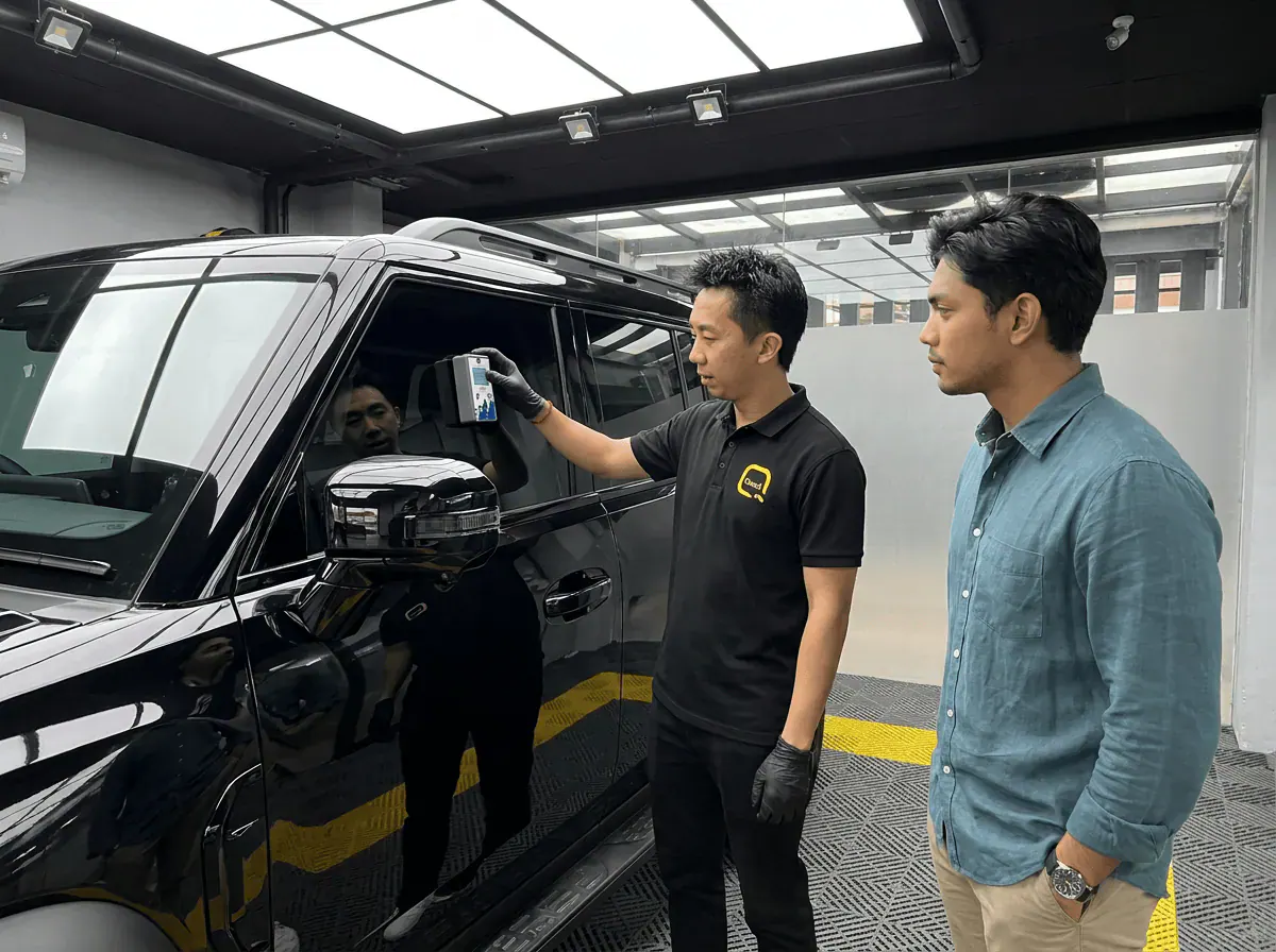Pemeriksaan cermin dan semakan VLT semasa pemasangan tinted pada Jetour T2