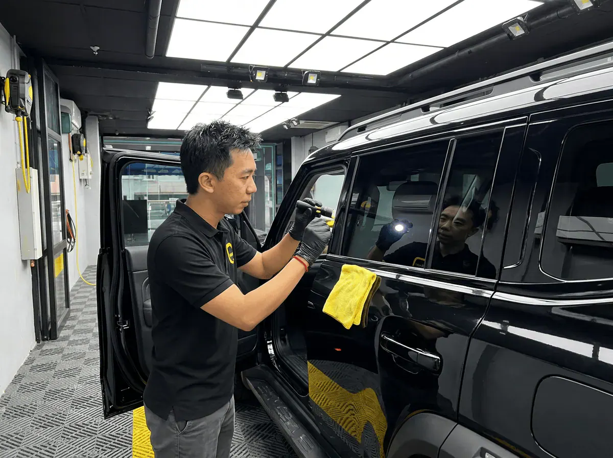 Pemeriksaan kualiti dengan lampu suluh semasa pemasangan tinted pada Jetour T2