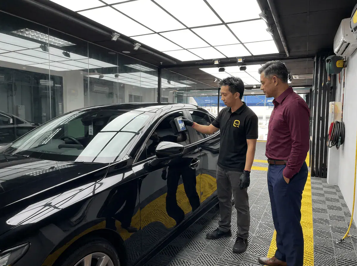 Pemeriksaan cermin dan semakan VLT semasa pemasangan tinted pada Mazda Mazda 3