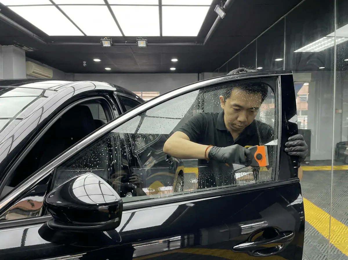 Pembersihan cermin lima peringkat semasa pemasangan tinted pada Mazda Mazda 3