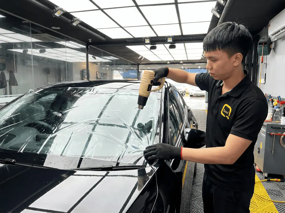 Pengecutan haba terkawal semasa pemasangan tinted pada Mazda Mazda 3