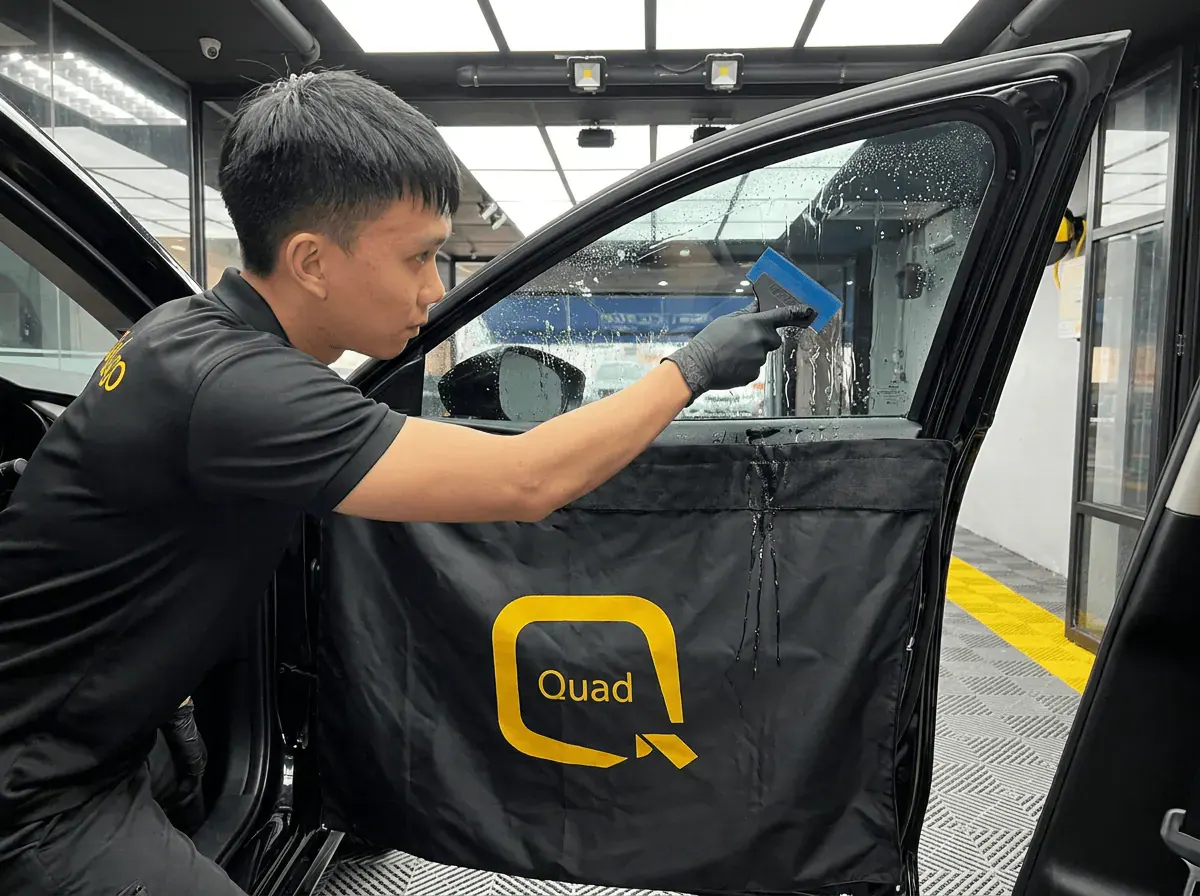 Pemasangan filem dan penyingkiran air semasa pemasangan tinted pada Mazda Mazda 3