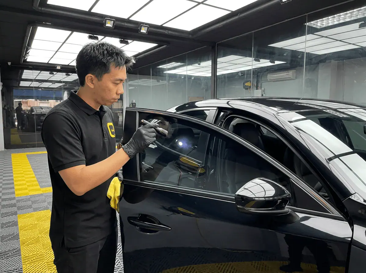 Pemeriksaan kualiti dengan lampu suluh semasa pemasangan tinted pada Mazda Mazda 3