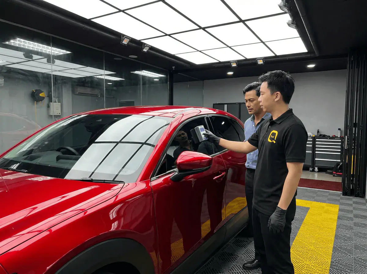Pemeriksaan cermin dan semakan VLT semasa pemasangan tinted pada Mazda CX-30