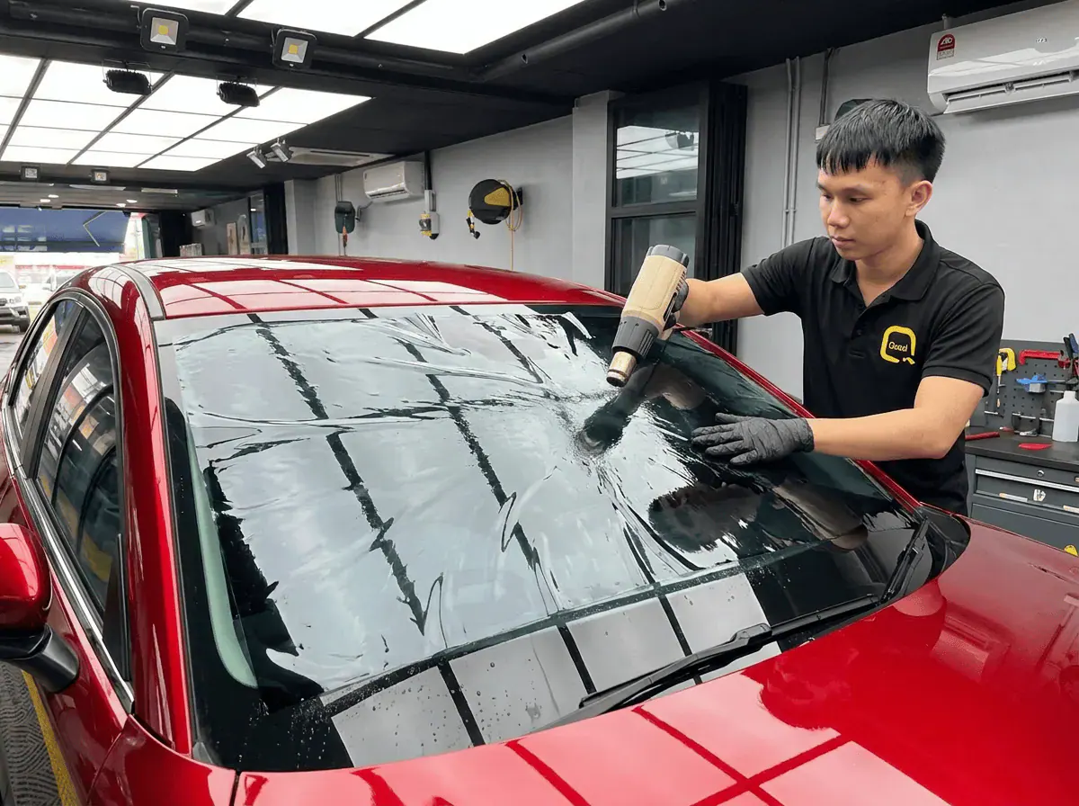 Pengecutan haba terkawal semasa pemasangan tinted pada Mazda CX-30