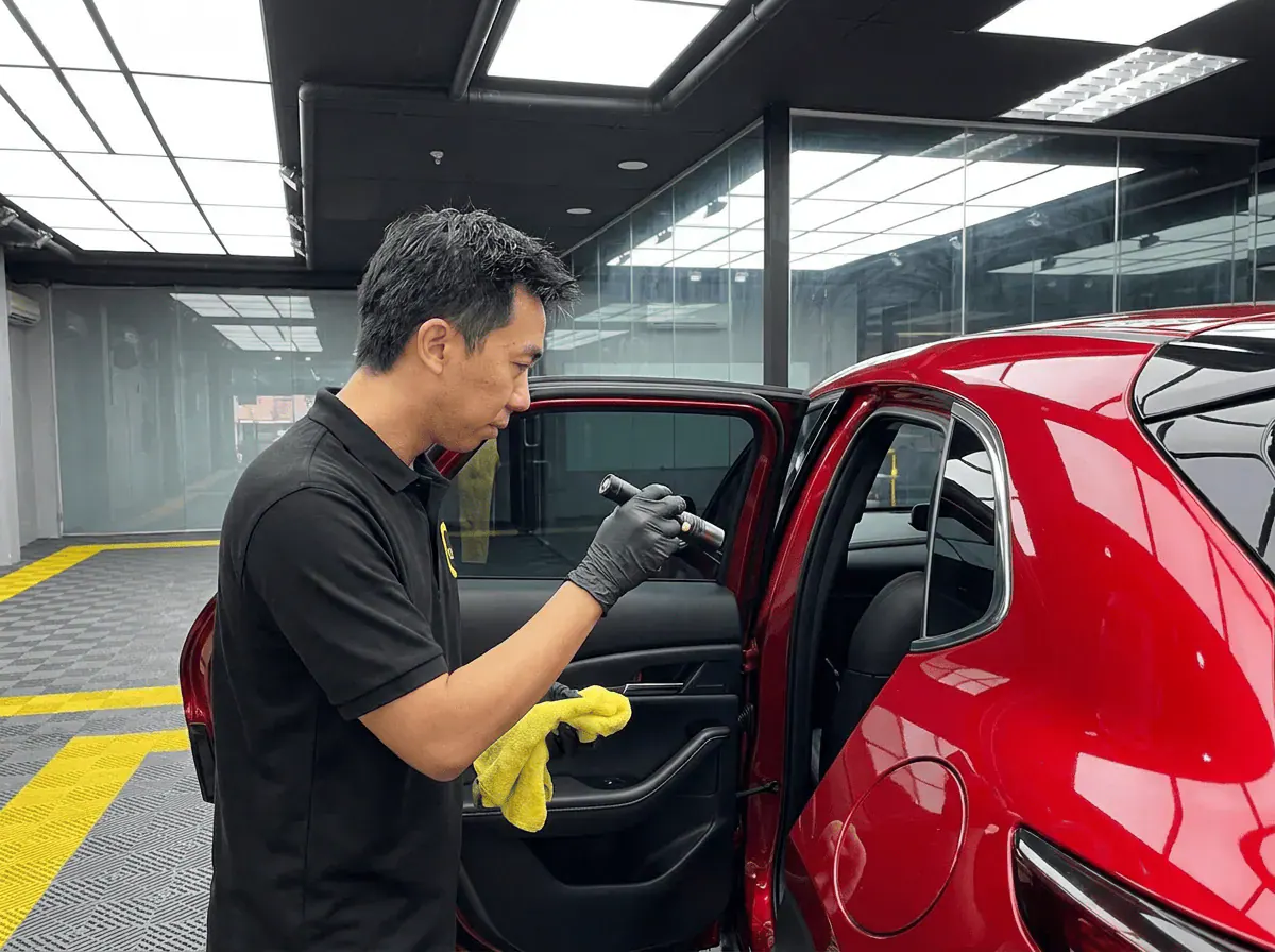 Pemeriksaan kualiti dengan lampu suluh semasa pemasangan tinted pada Mazda CX-30