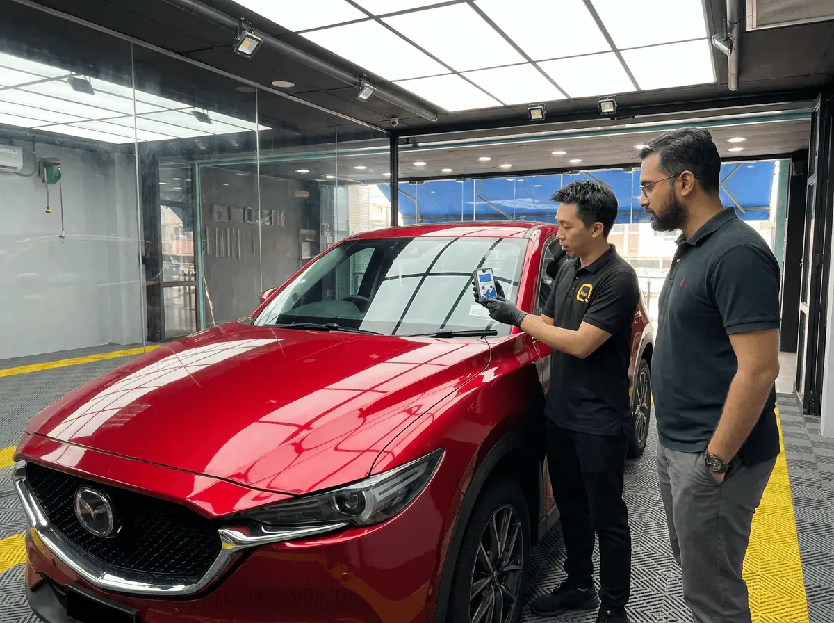 Pemeriksaan cermin dan semakan VLT semasa pemasangan tinted pada Mazda CX-5