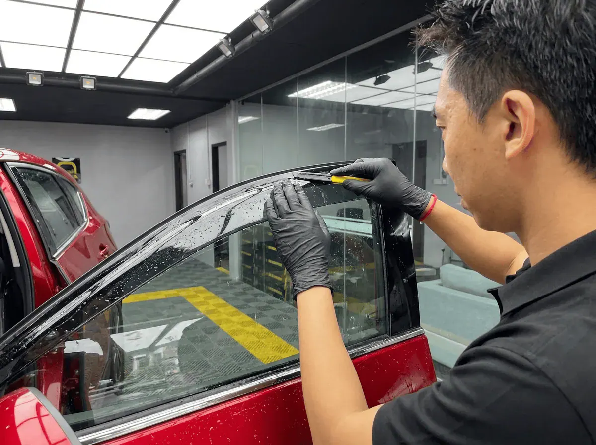 Pemotongan filem tepat semasa pemasangan tinted pada Mazda CX-5