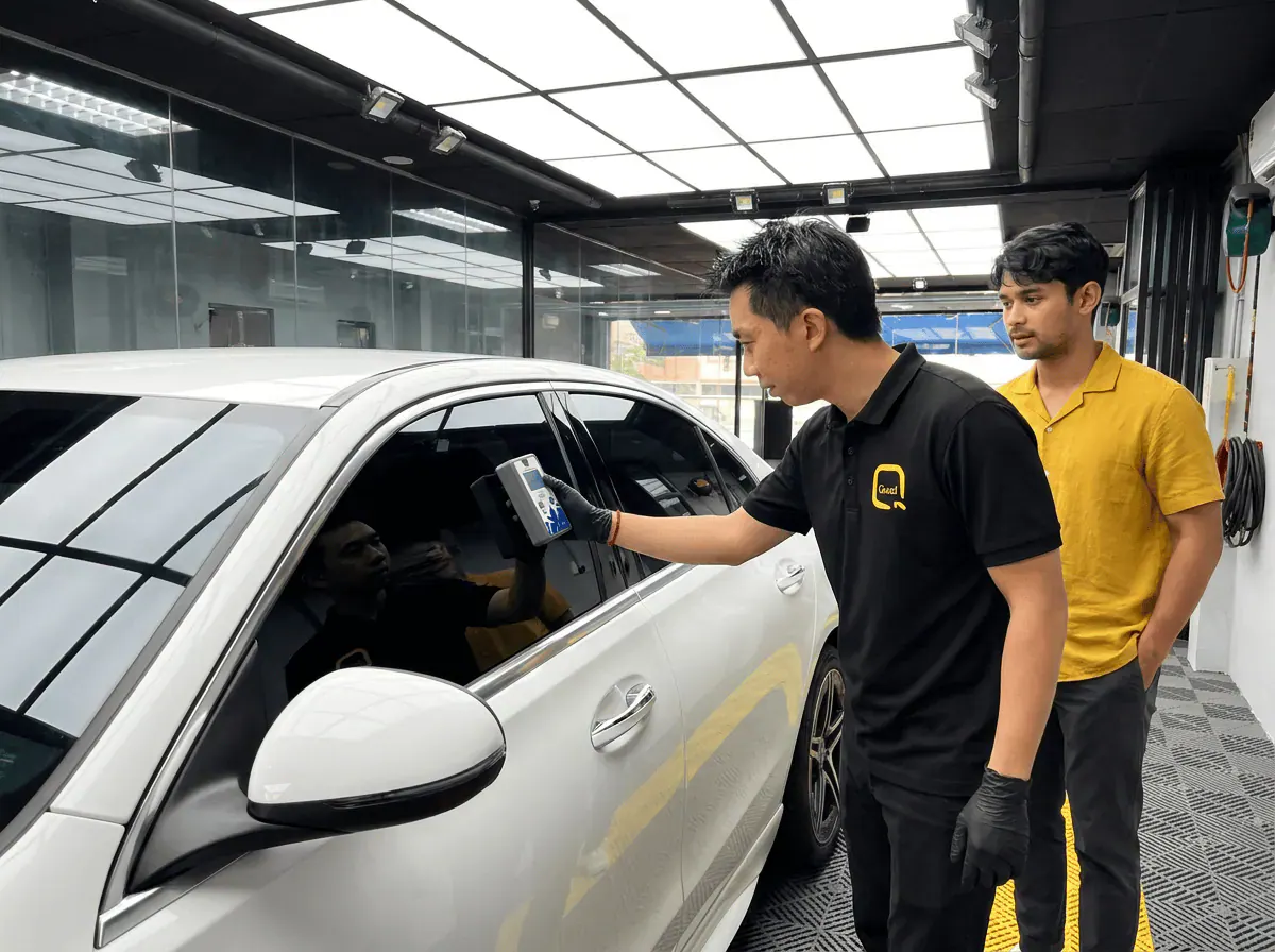 Pemeriksaan cermin dan semakan VLT semasa pemasangan tinted pada Mercedes-Benz C-Class
