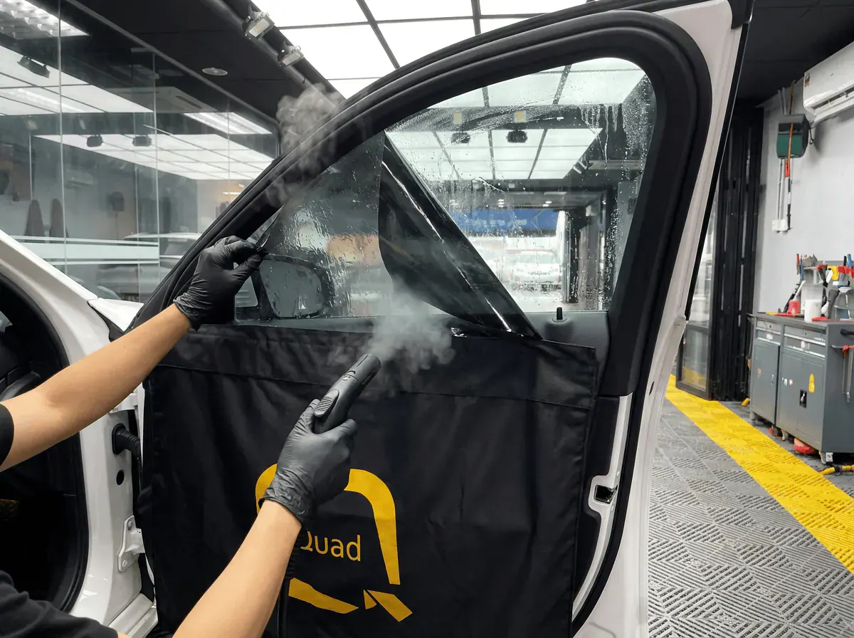 Menanggalkan tinted lama semasa pemasangan tinted pada Mercedes-Benz C-Class