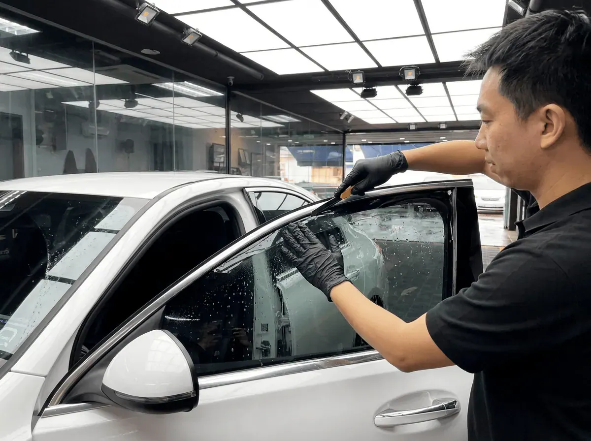 Pemotongan filem tepat semasa pemasangan tinted pada Mercedes-Benz C-Class