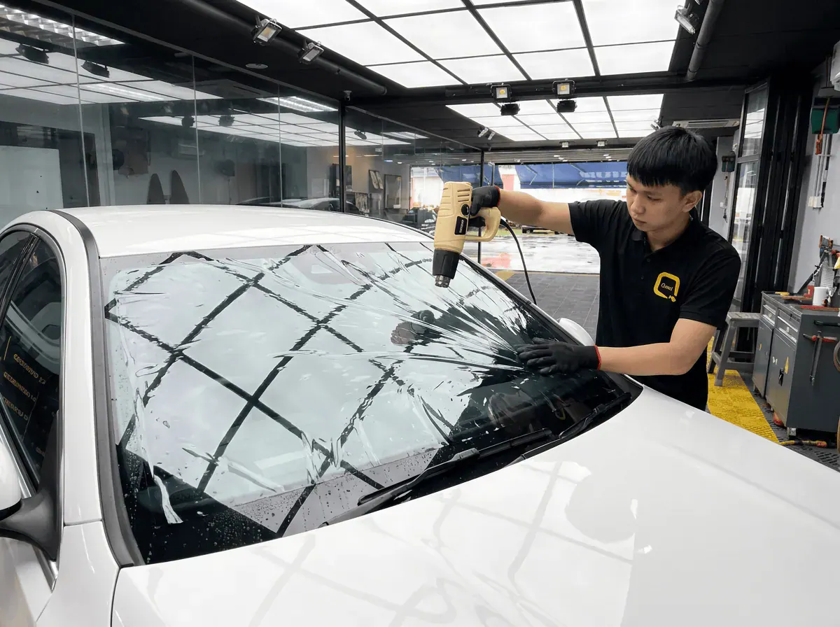 Pengecutan haba terkawal semasa pemasangan tinted pada Mercedes-Benz C-Class