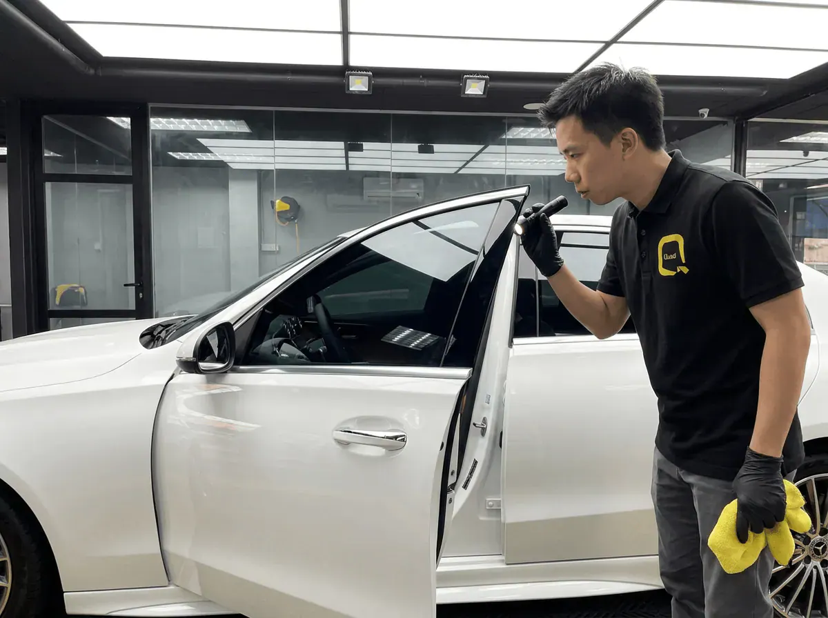 Pemeriksaan kualiti dengan lampu suluh semasa pemasangan tinted pada Mercedes-Benz C-Class