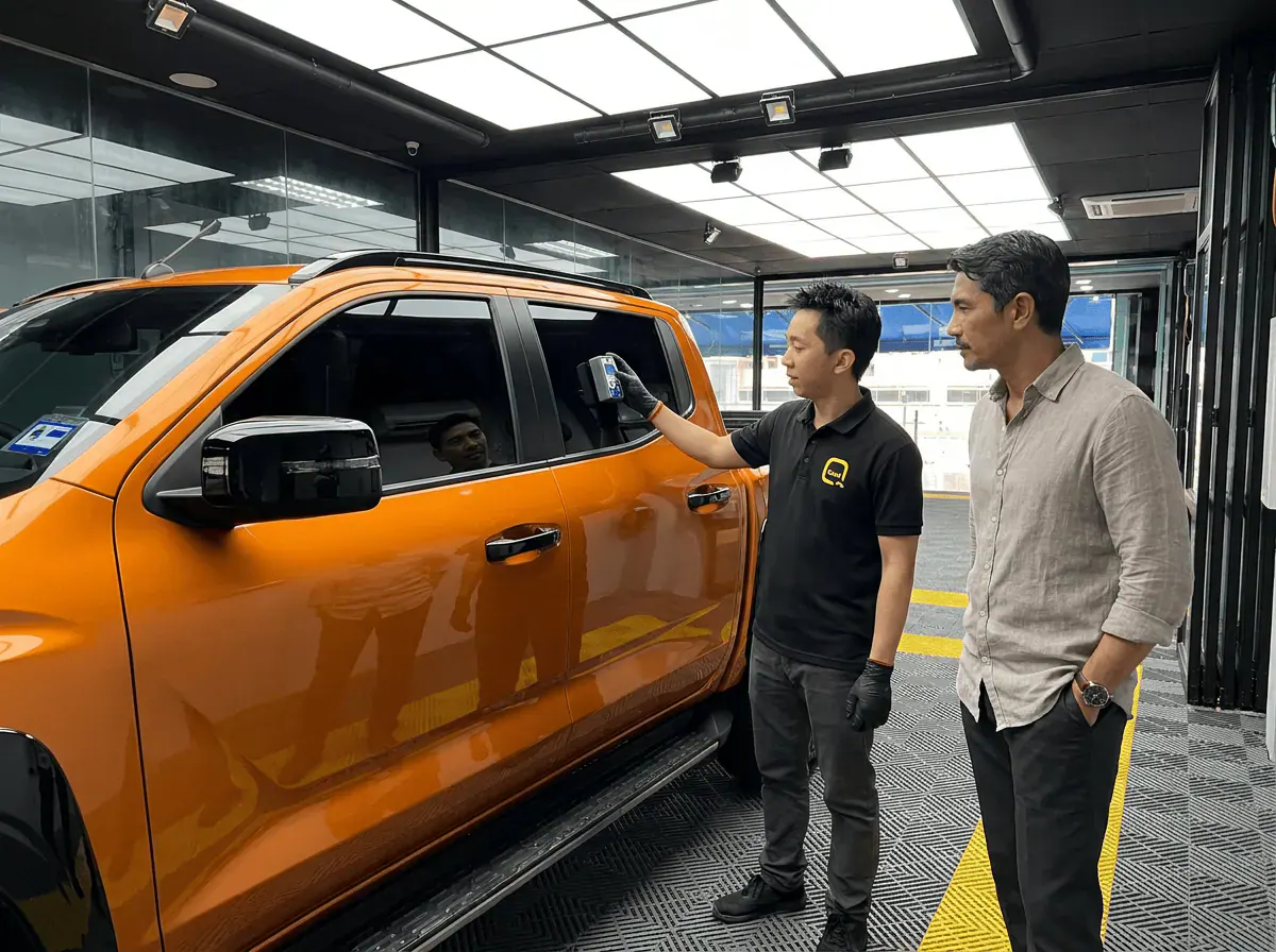 Pemeriksaan cermin dan semakan VLT semasa pemasangan tinted pada Mitsubishi Triton