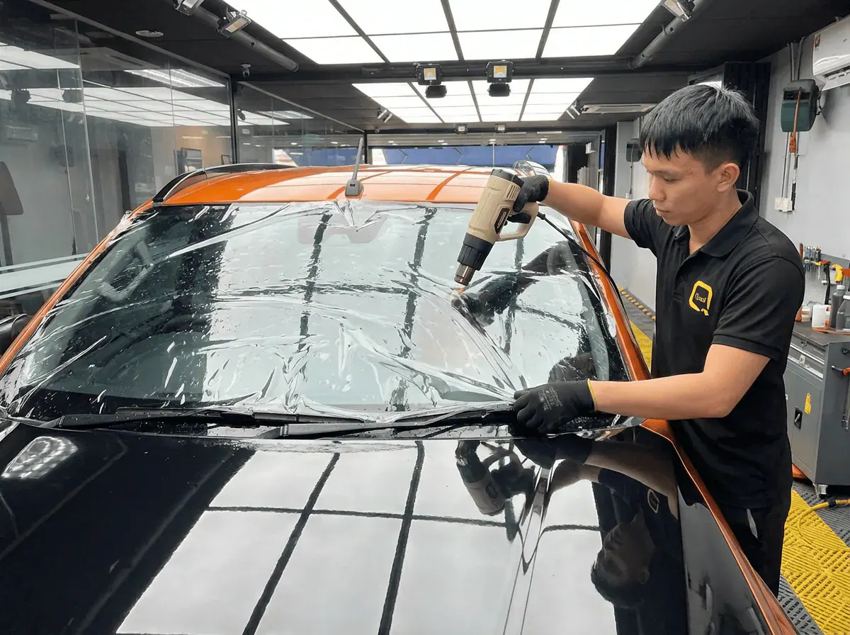 Pengecutan haba terkawal semasa pemasangan tinted pada Mitsubishi Triton