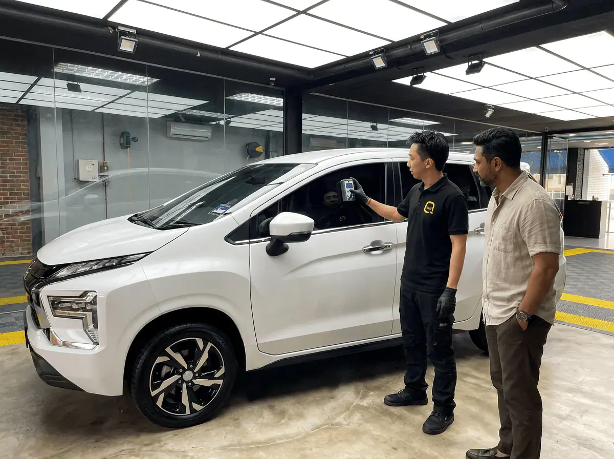 Pemeriksaan cermin dan semakan VLT semasa pemasangan tinted pada Mitsubishi Xpander