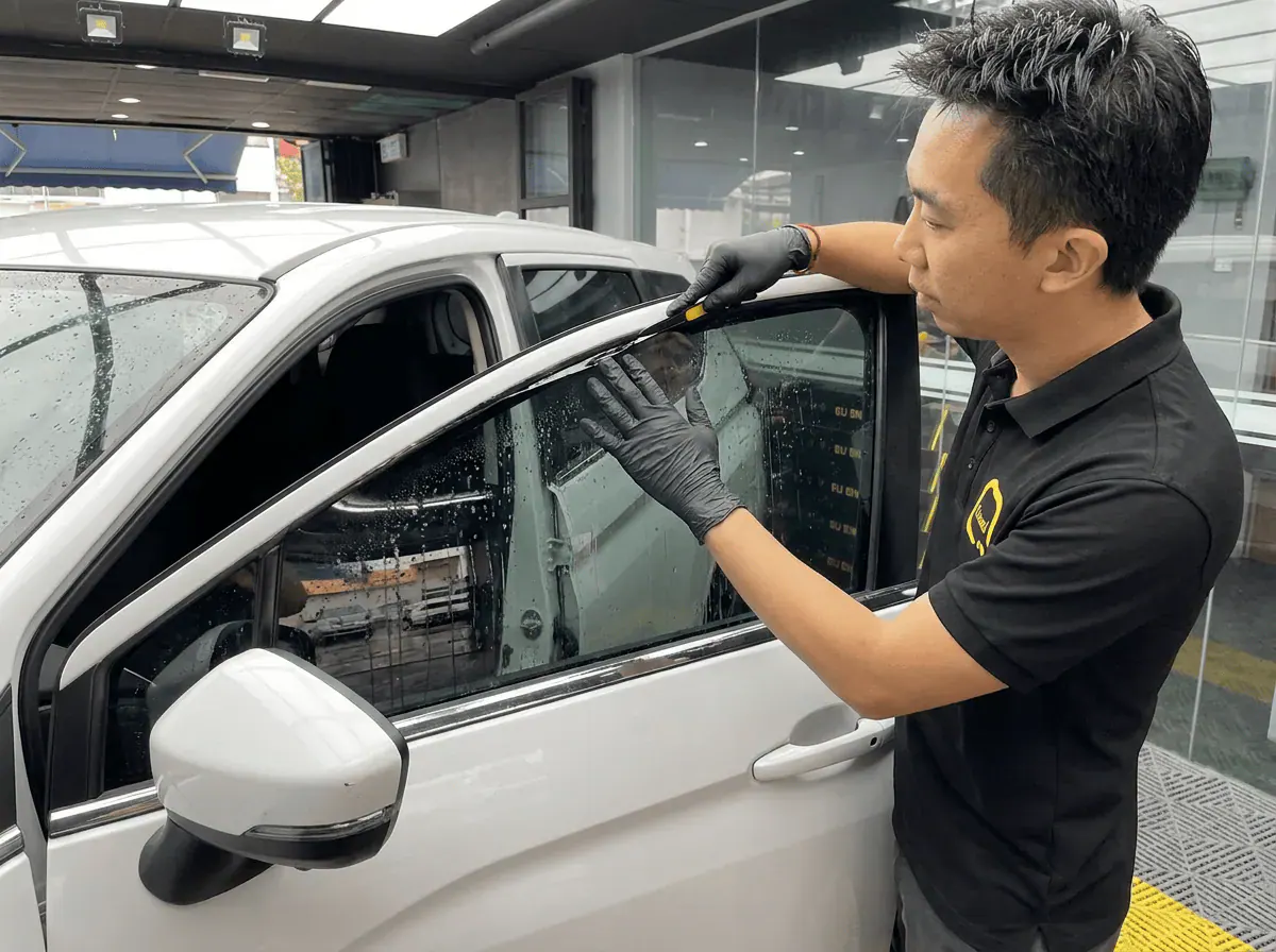 Pemotongan filem tepat semasa pemasangan tinted pada Mitsubishi Xpander