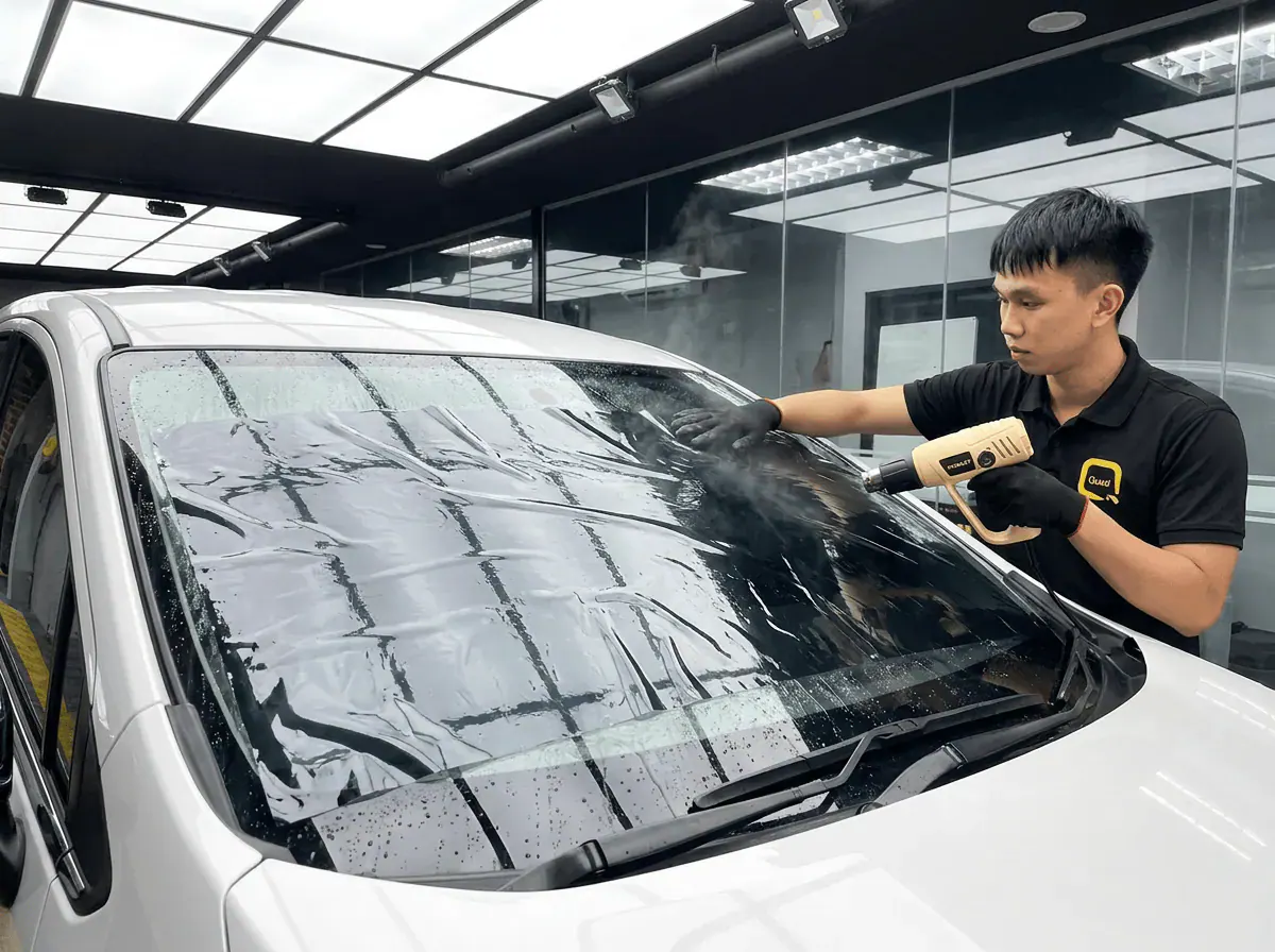 Pengecutan haba terkawal semasa pemasangan tinted pada Mitsubishi Xpander
