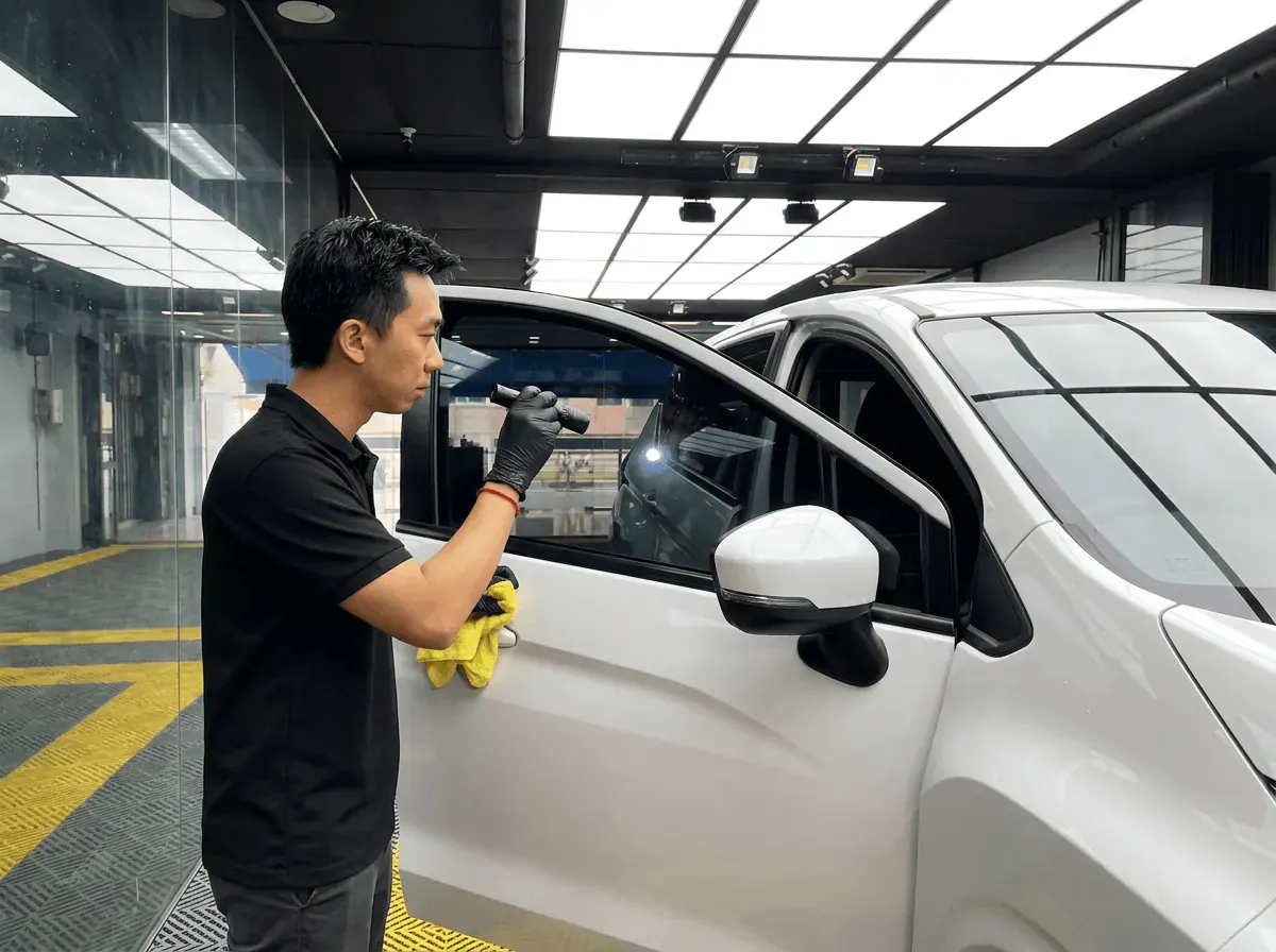 Pemeriksaan kualiti dengan lampu suluh semasa pemasangan tinted pada Mitsubishi Xpander