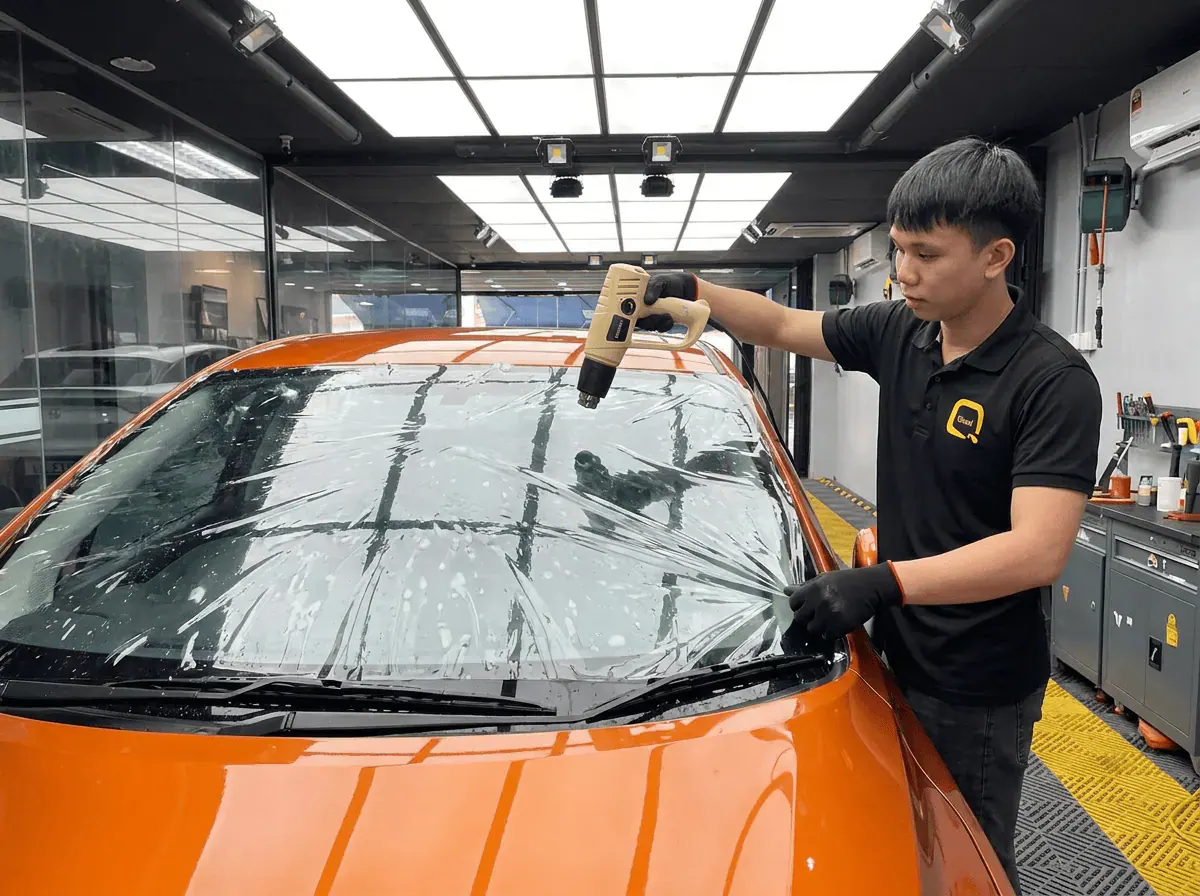 Pengecutan haba terkawal semasa pemasangan tinted pada Nissan Almera