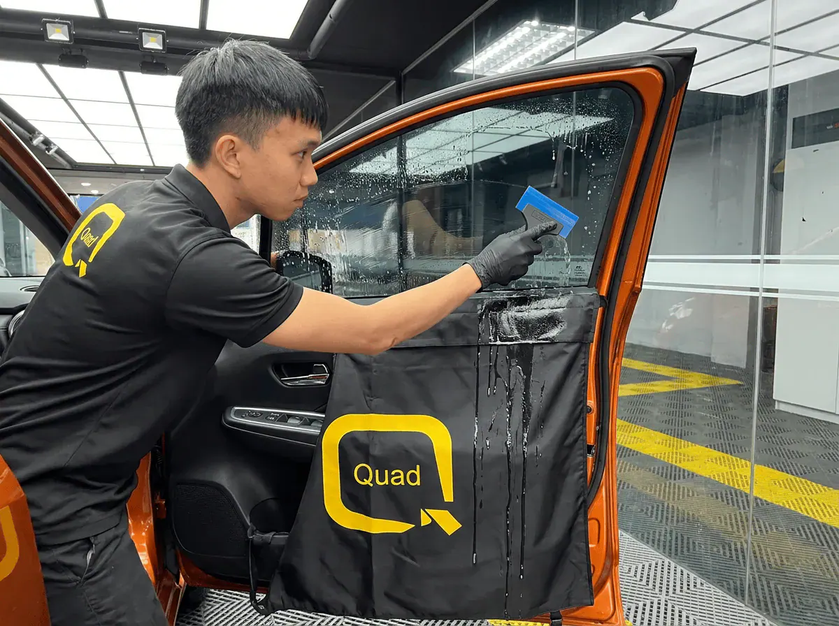 Pemasangan filem dan penyingkiran air semasa pemasangan tinted pada Nissan Almera