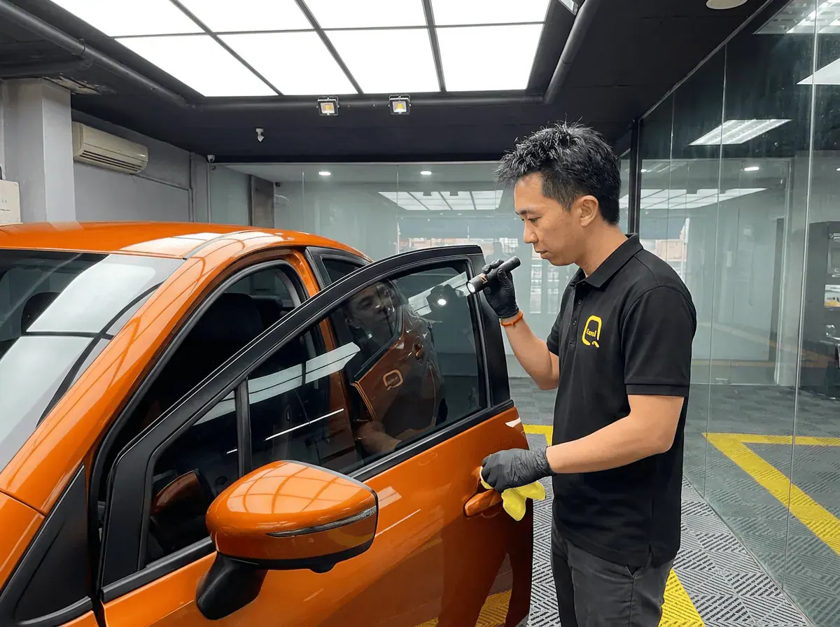 Pemeriksaan kualiti dengan lampu suluh semasa pemasangan tinted pada Nissan Almera