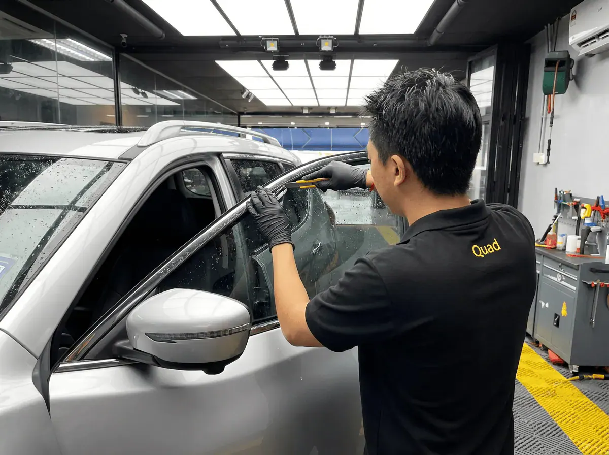 Pemotongan filem tepat semasa pemasangan tinted pada Nissan X-Trail