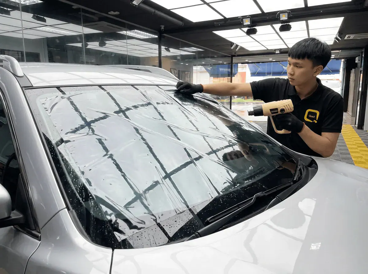 Pengecutan haba terkawal semasa pemasangan tinted pada Nissan X-Trail