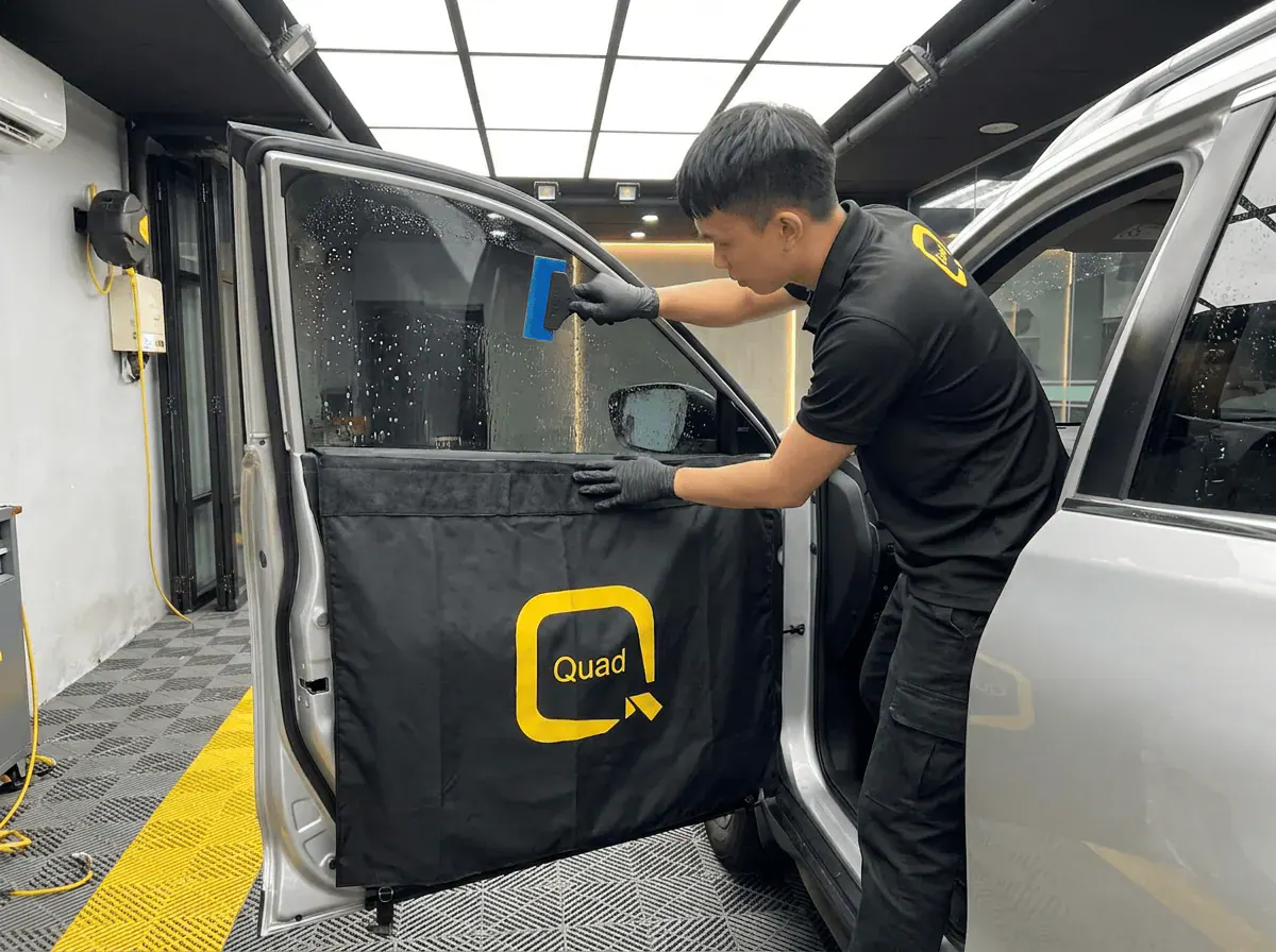 Pemasangan filem dan penyingkiran air semasa pemasangan tinted pada Nissan X-Trail