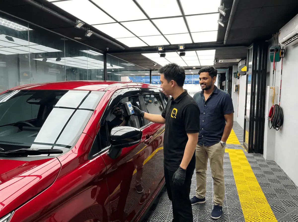 Pemeriksaan cermin dan semakan VLT semasa pemasangan tinted pada Perodua Alza