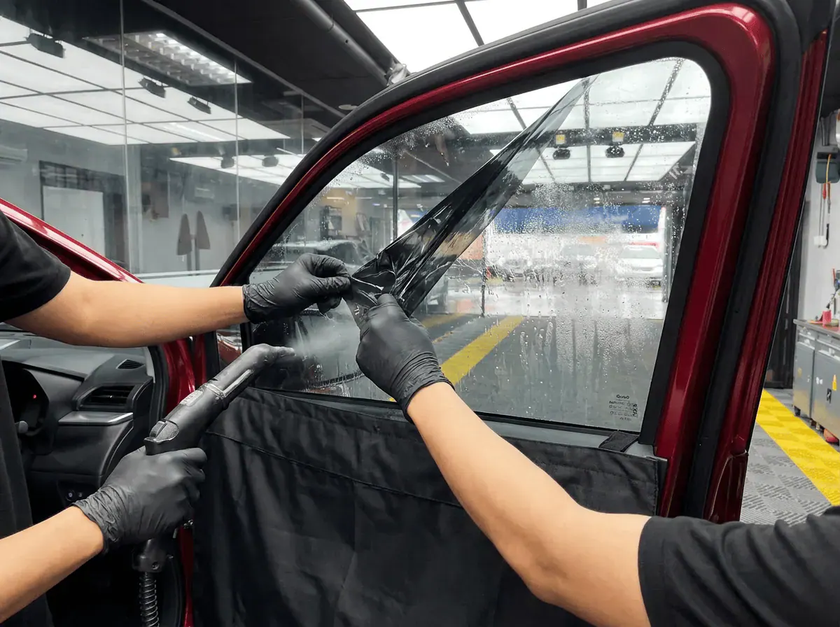 Menanggalkan tinted lama semasa pemasangan tinted pada Perodua Alza