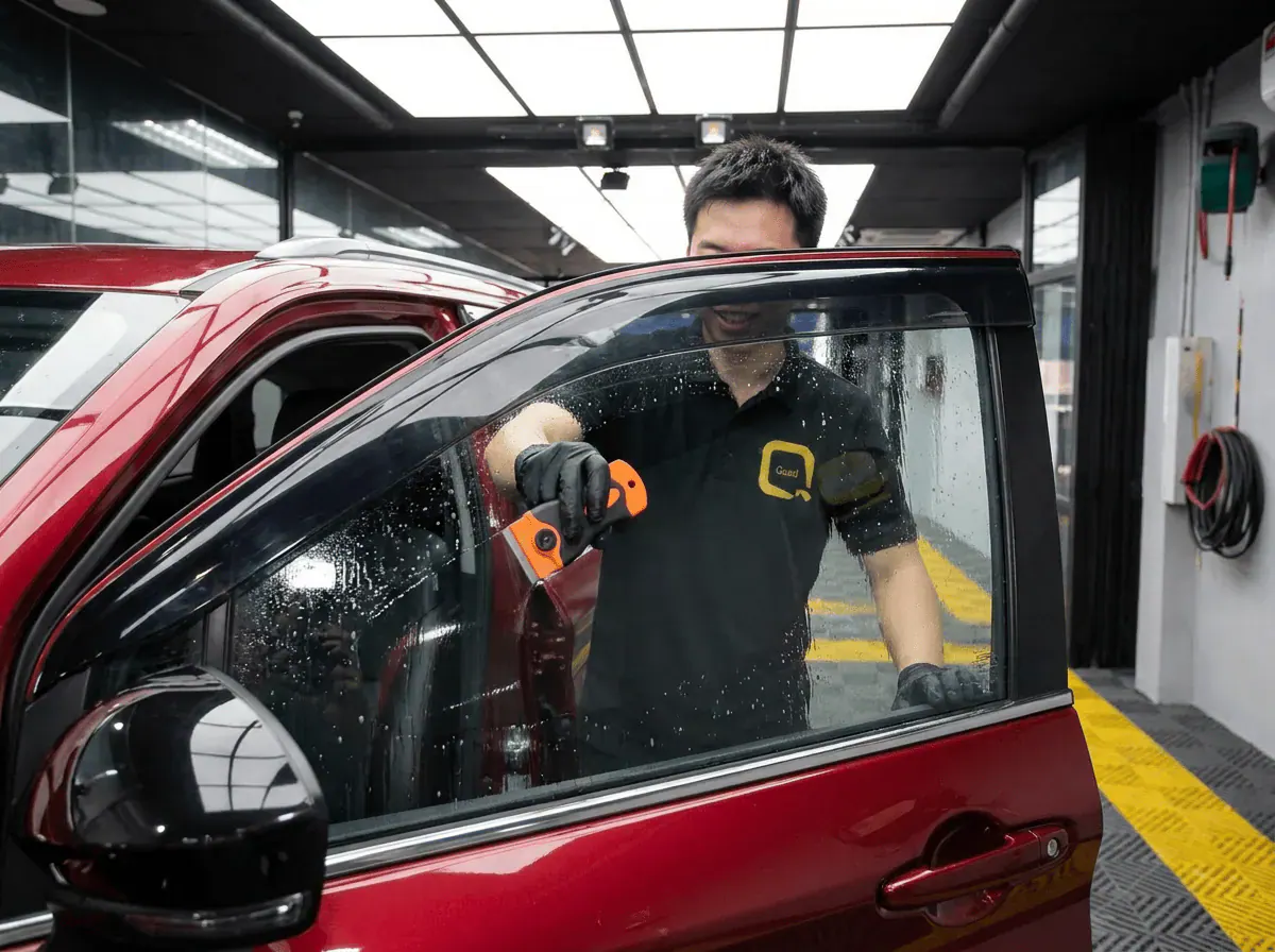 Pembersihan cermin lima peringkat semasa pemasangan tinted pada Perodua Alza