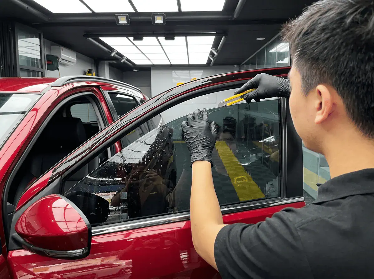 Pemotongan filem tepat semasa pemasangan tinted pada Perodua Alza