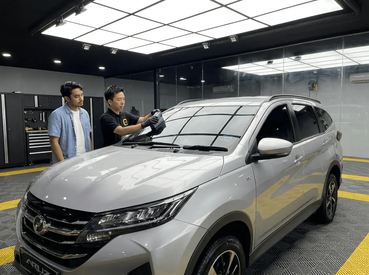 Pemeriksaan cermin dan semakan VLT semasa pemasangan tinted pada Perodua Aruz
