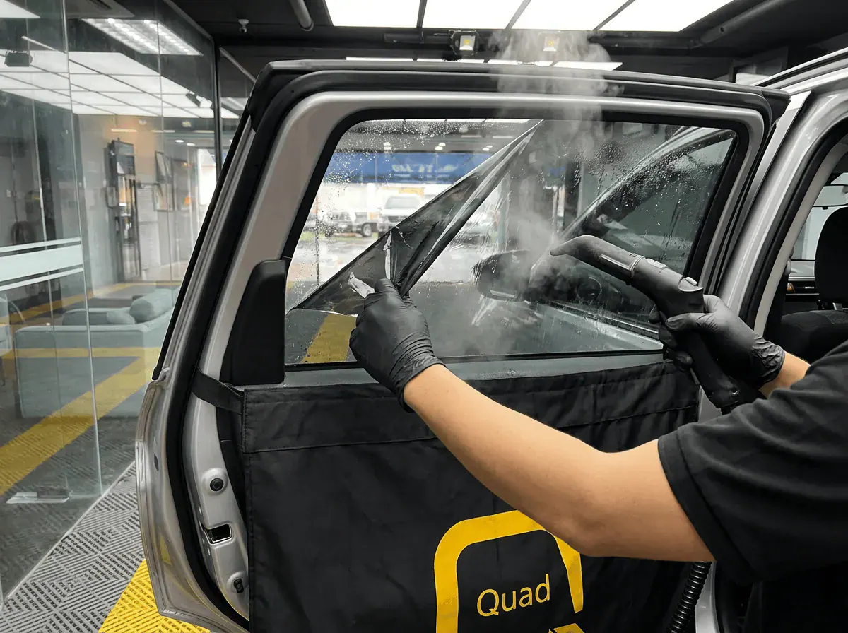 Menanggalkan tinted lama semasa pemasangan tinted pada Perodua Aruz