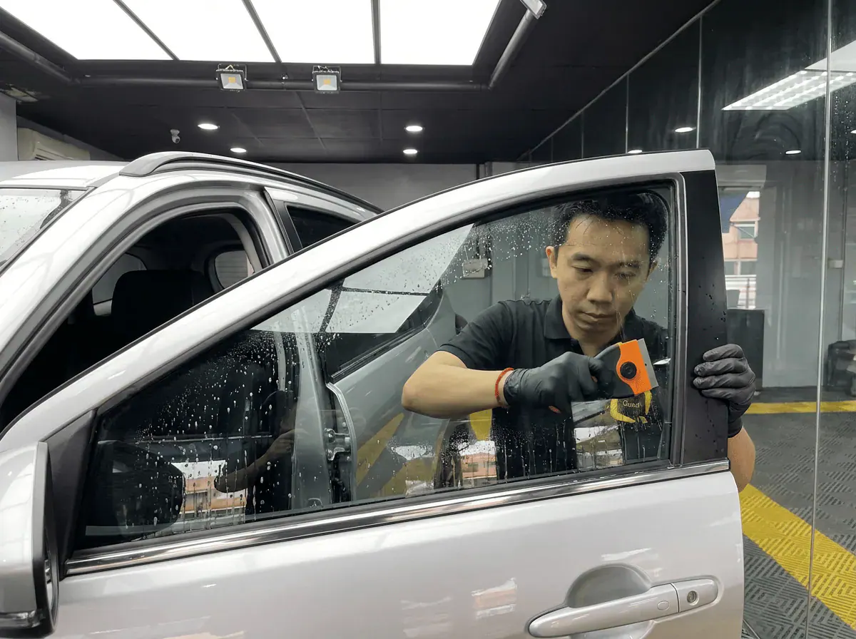 Pembersihan cermin lima peringkat semasa pemasangan tinted pada Perodua Aruz