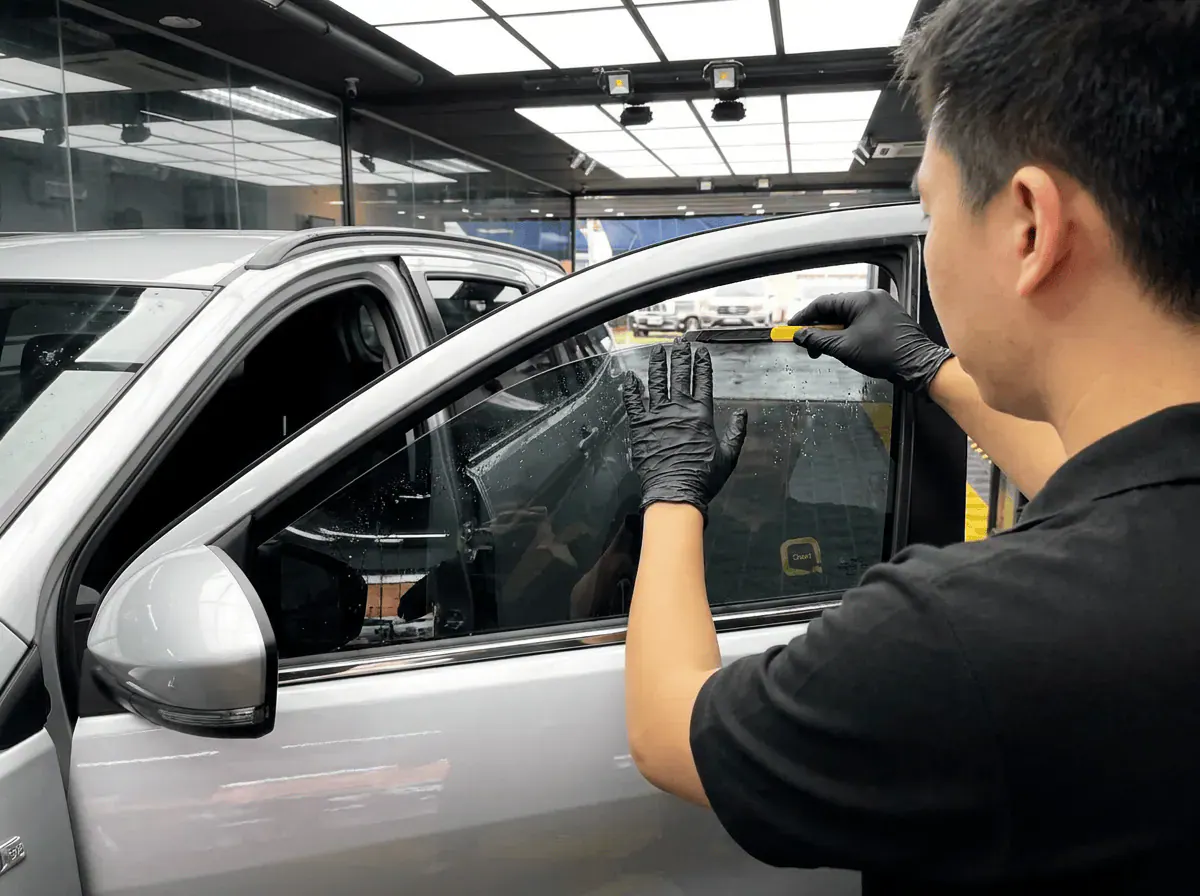Pemotongan filem tepat semasa pemasangan tinted pada Perodua Aruz