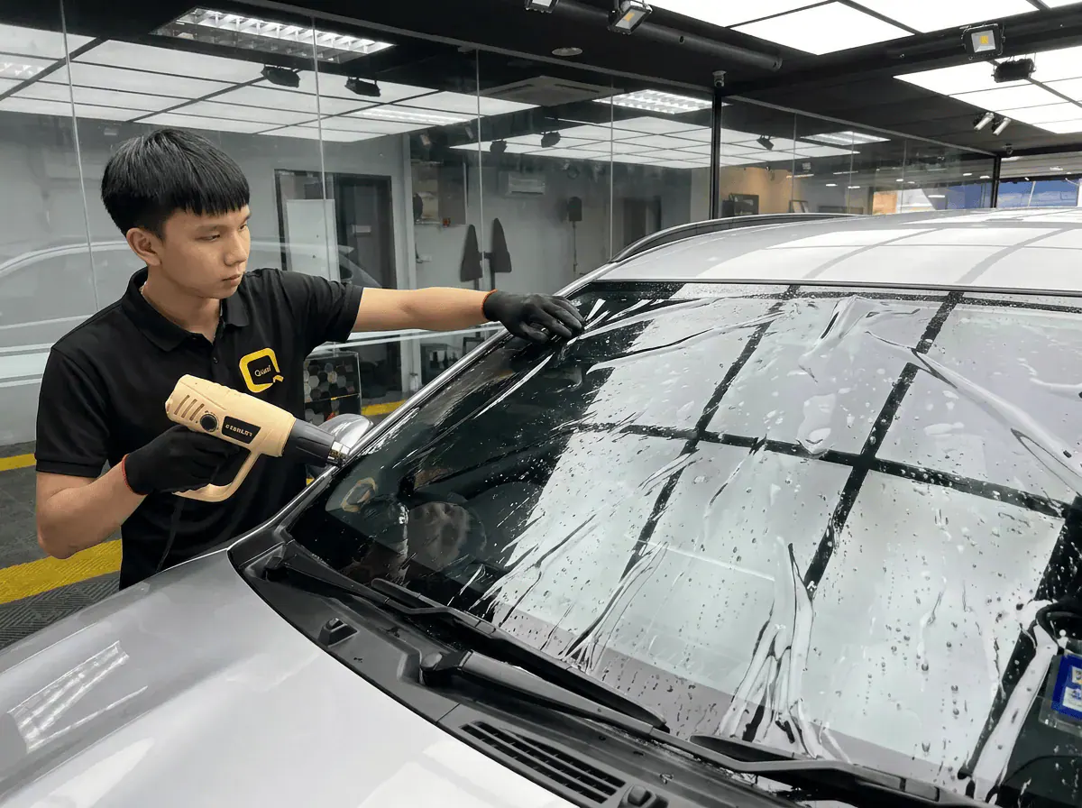 Pengecutan haba terkawal semasa pemasangan tinted pada Perodua Aruz