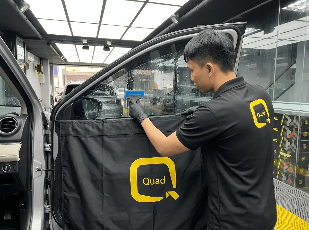 Pemasangan filem dan penyingkiran air semasa pemasangan tinted pada Perodua Aruz