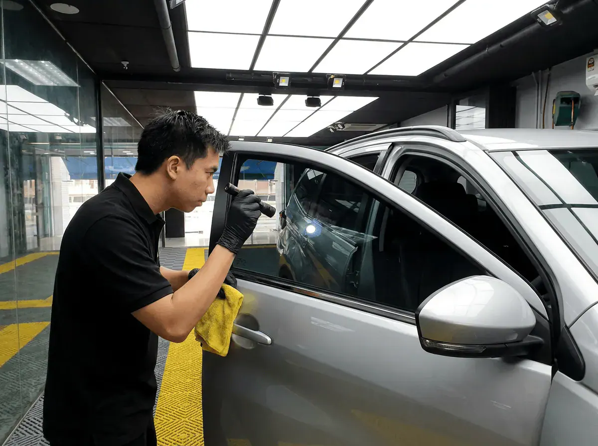 Pemeriksaan kualiti dengan lampu suluh semasa pemasangan tinted pada Perodua Aruz