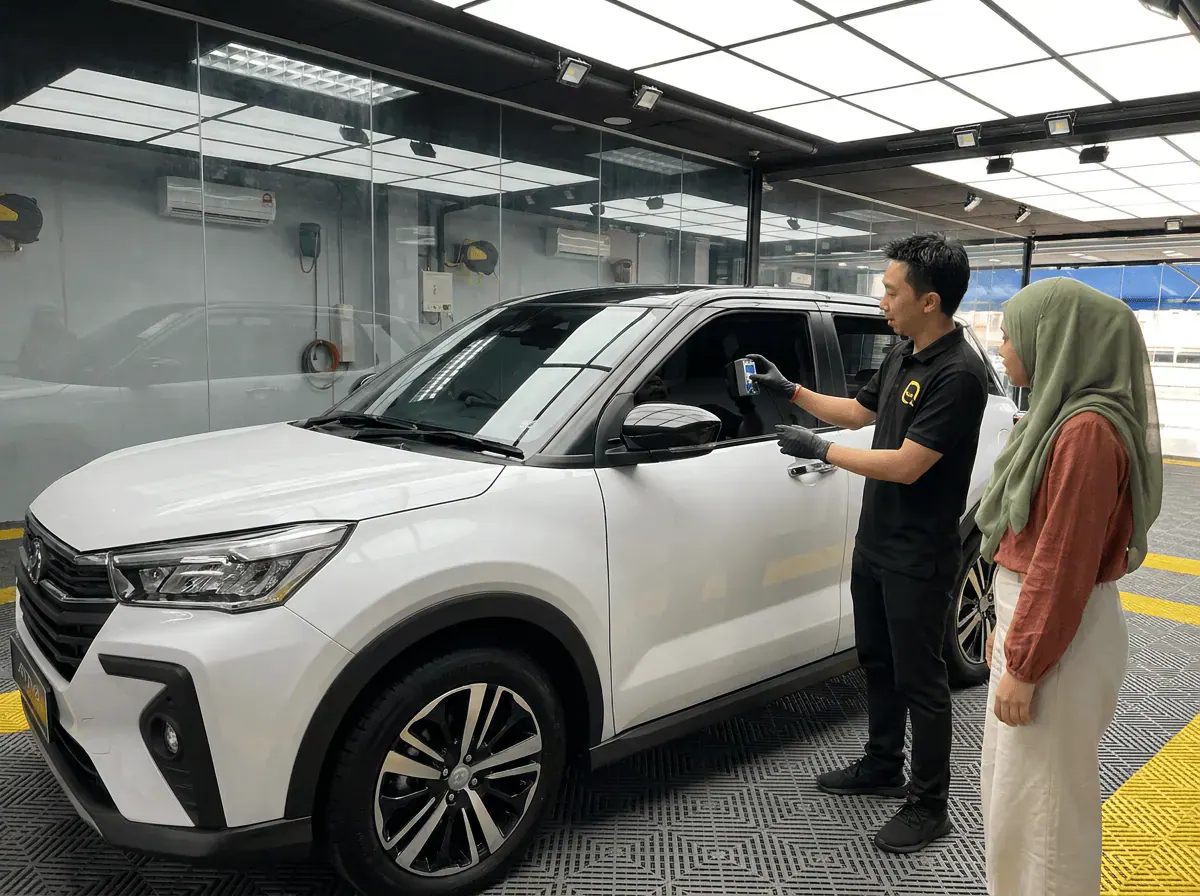 Pemeriksaan cermin dan semakan VLT semasa pemasangan tinted pada Perodua Ativa