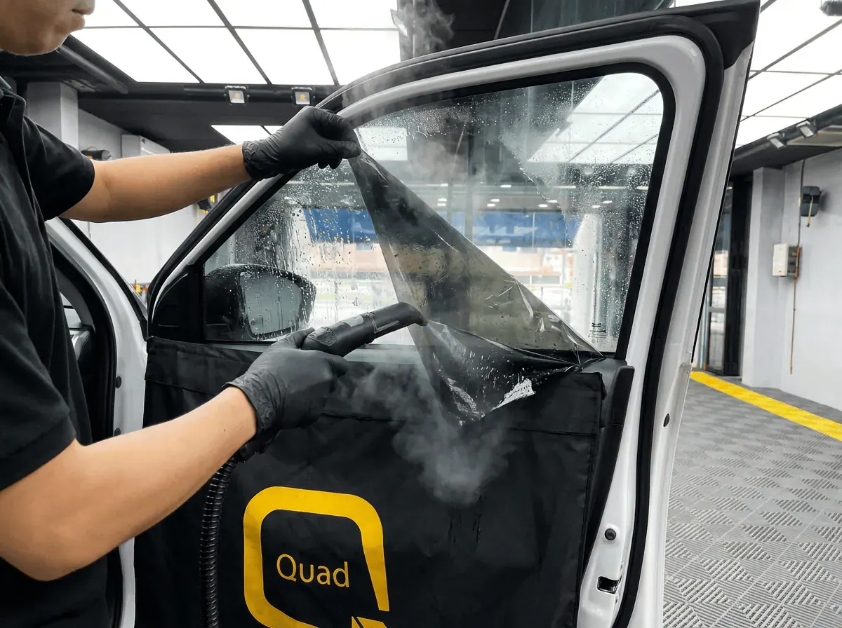 Menanggalkan tinted lama semasa pemasangan tinted pada Perodua Ativa