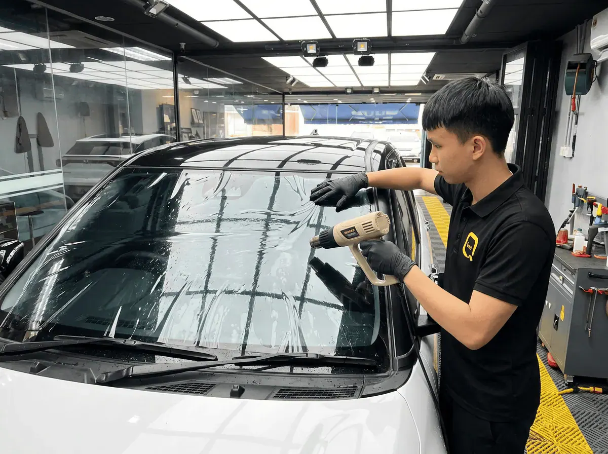 Pengecutan haba terkawal semasa pemasangan tinted pada Perodua Ativa