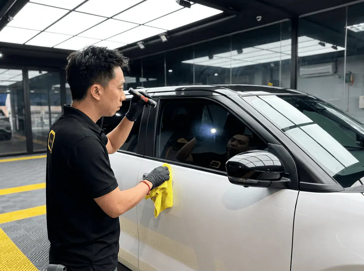 Pemeriksaan kualiti dengan lampu suluh semasa pemasangan tinted pada Perodua Ativa
