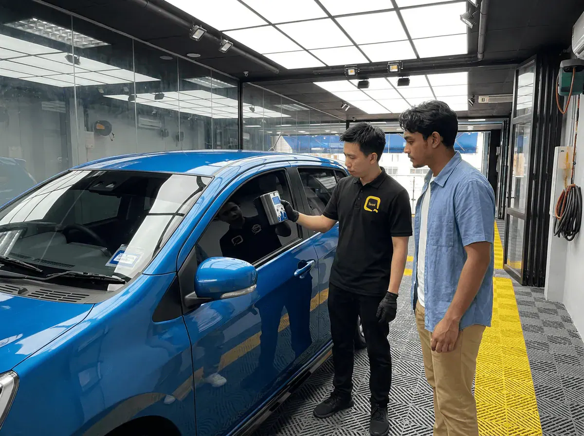 Pemeriksaan cermin dan semakan VLT semasa pemasangan tinted pada Perodua Axia
