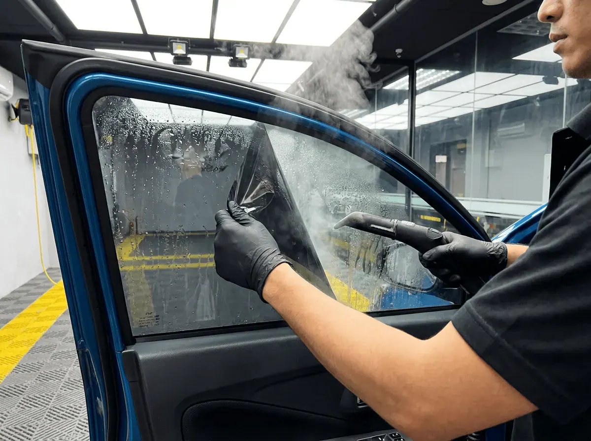Menanggalkan tinted lama semasa pemasangan tinted pada Perodua Axia